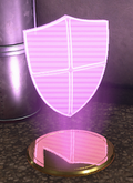 A holographic, purple shield floating above a gold pedestal