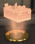 A holographic, light orange box of explosives floating above a gold pedestal